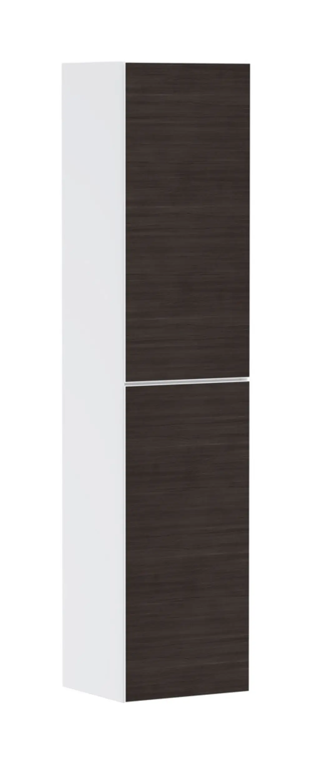 Hochschrank mit zwei Türen, einer matte weiße Seite und einer dunklen Holzoptik, von Hansgrohe, linksanschlagend montierbar.